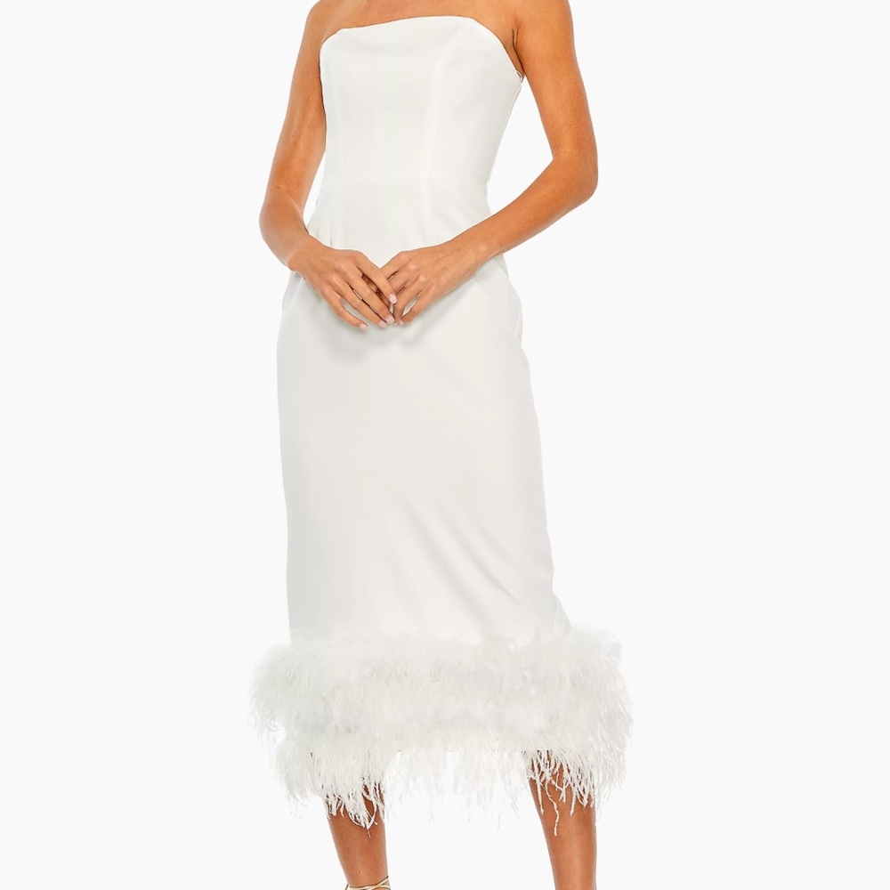 Mac Duggal Feather-Trim Strapless Midi-Dress